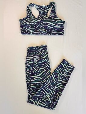 Sage Zebra Print Sports Bra & Leggings Set - Teal and Navy